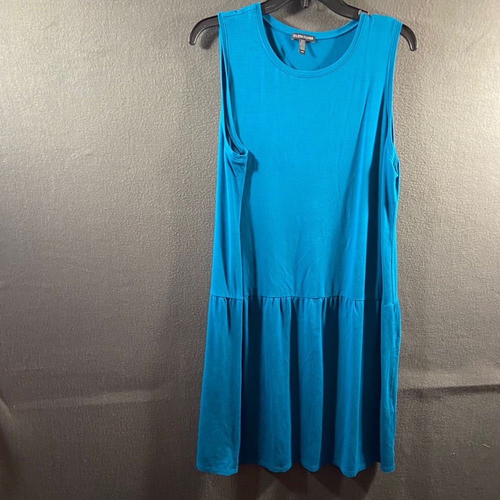 Eileen Fisher women dress large blue Tencel Lyocell Drop Waist Sleeveless